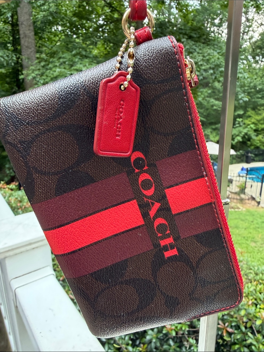 COACH Signature Stripe Zip Wristlet in Brown and Red - Picture 7 of 16
